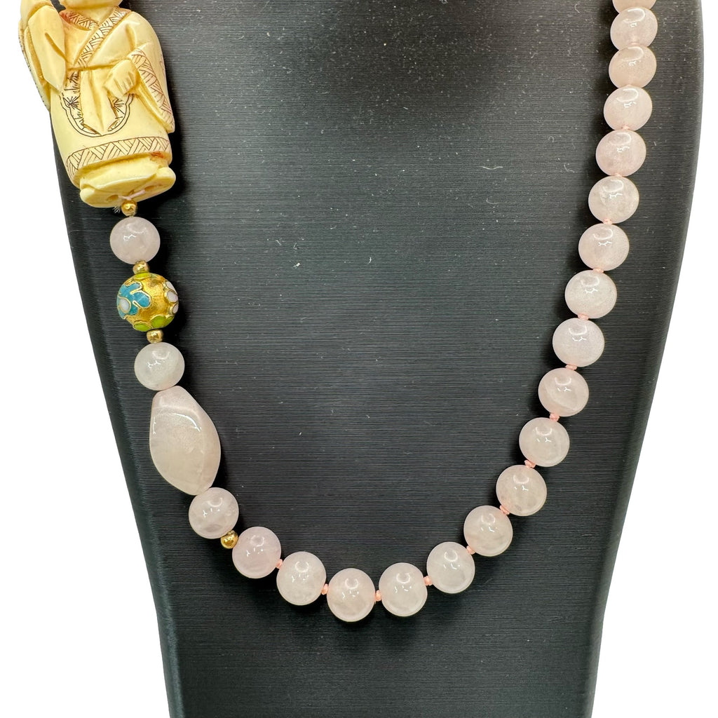 Vintage Hand Carved Buddha Pendant Necklace Pink Rose Quartz Beads Cloisonné 32"