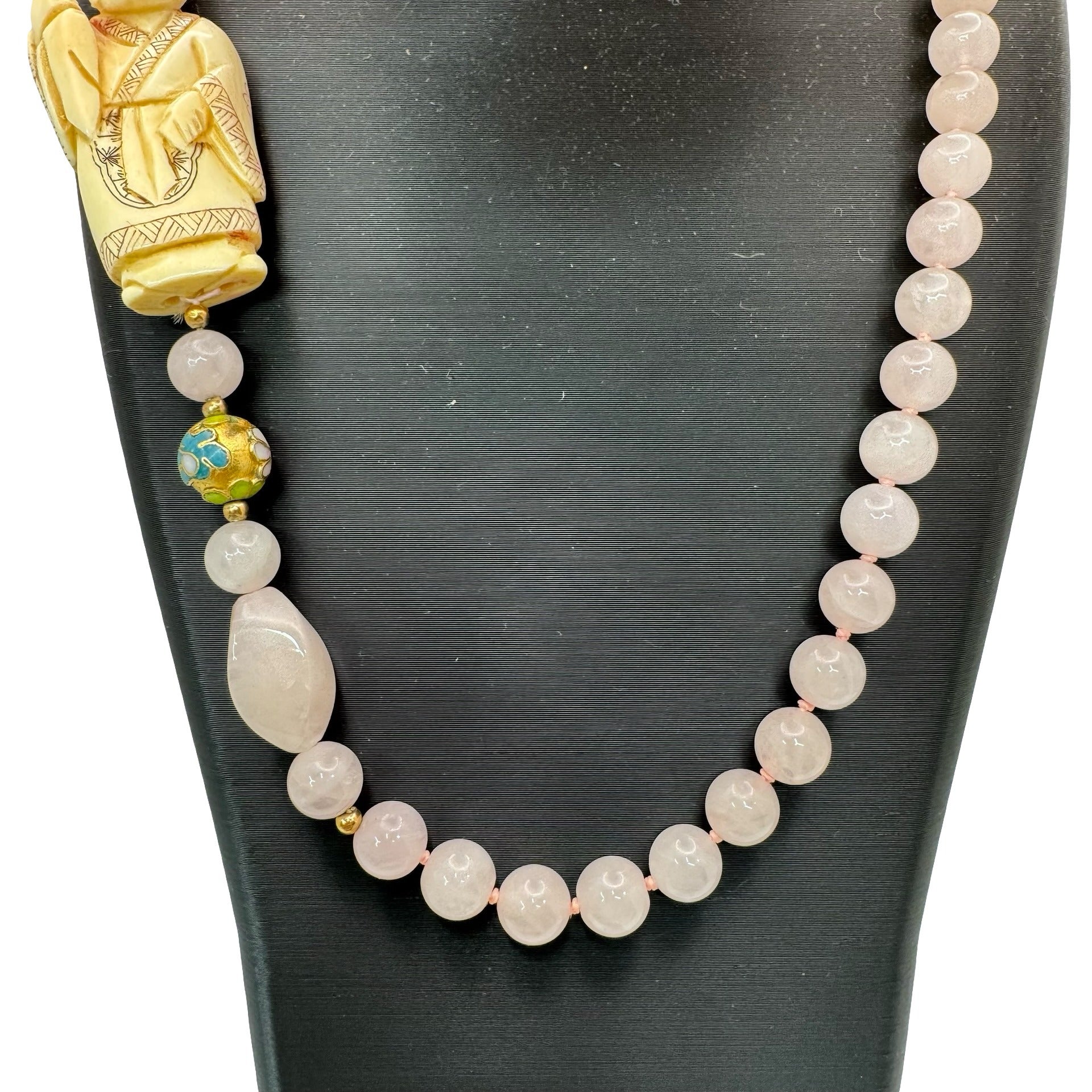 Vintage Hand Carved Buddha Pendant Necklace Pink Rose Quartz Beads Cloisonné 32"