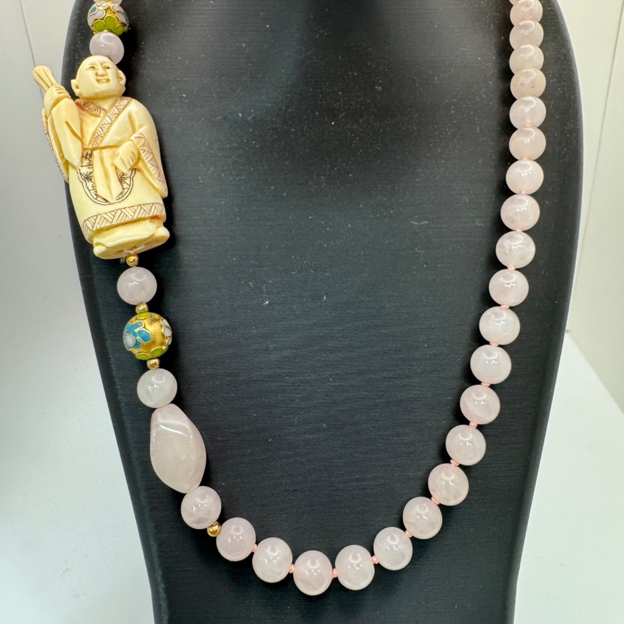 Vintage Hand Carved Buddha Pendant Necklace Pink Rose Quartz Beads Cloisonné 32"