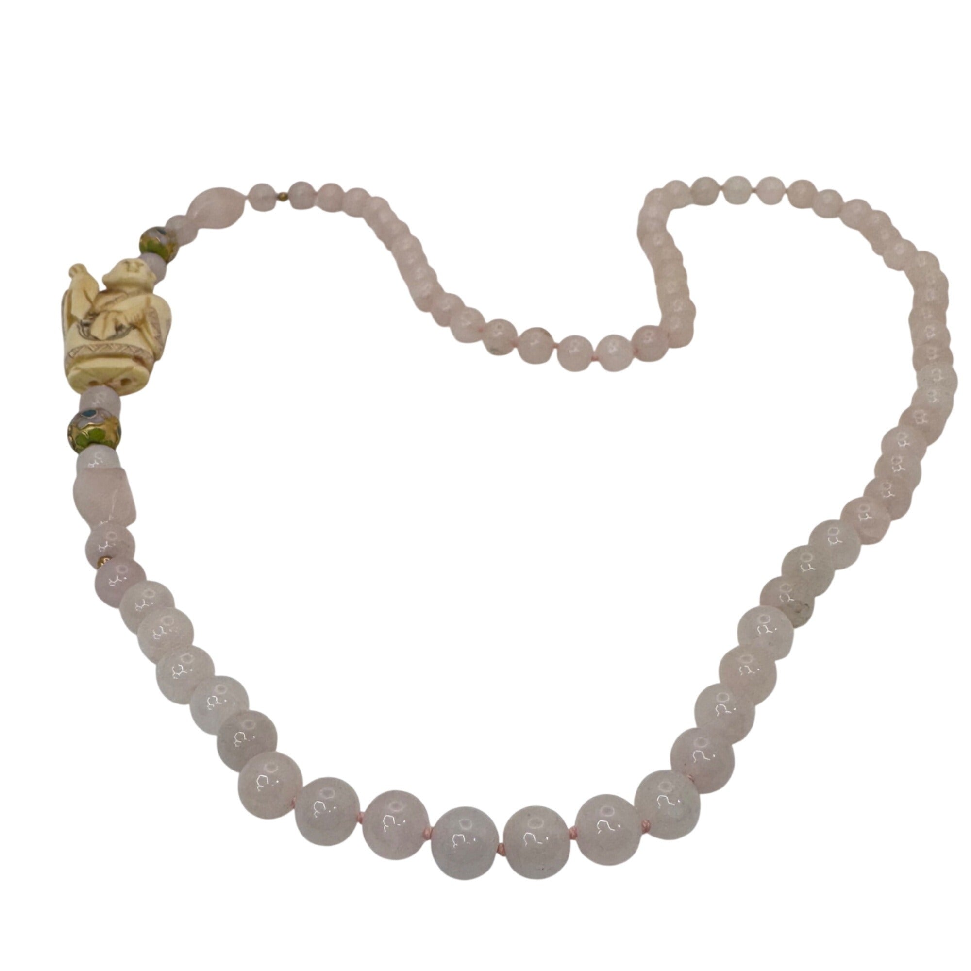 Vintage Hand Carved Buddha Pendant Necklace Pink Rose Quartz Beads Cloisonné 32"