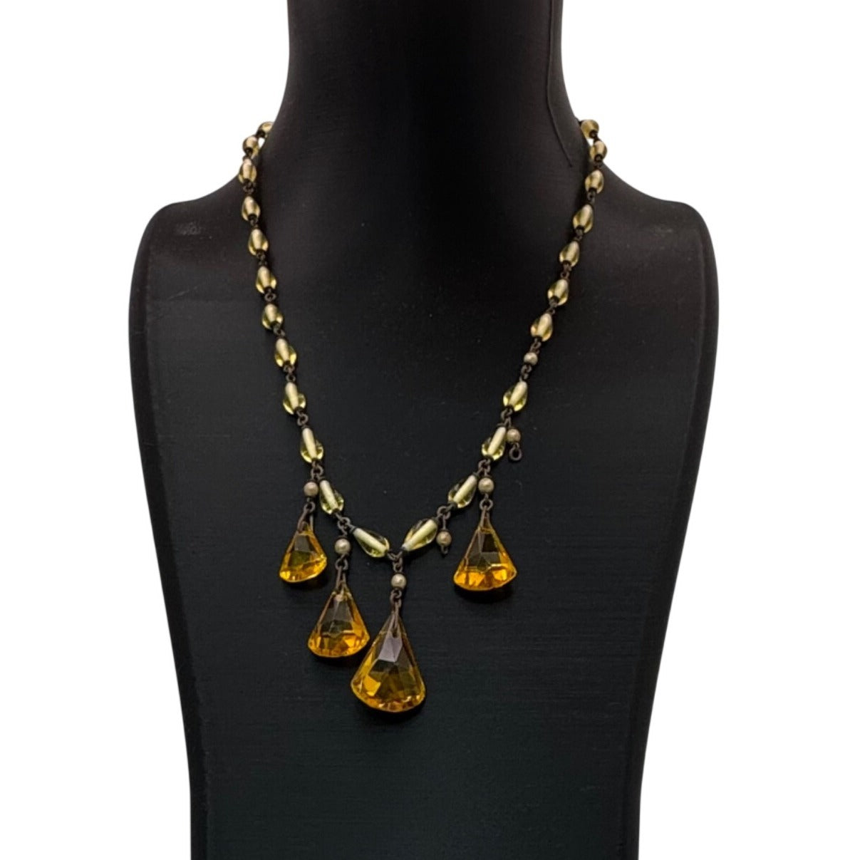 Vintage Czech Amber Glass Drop Pendant Necklace Yellow Beaded UV GLOWS 16" READ