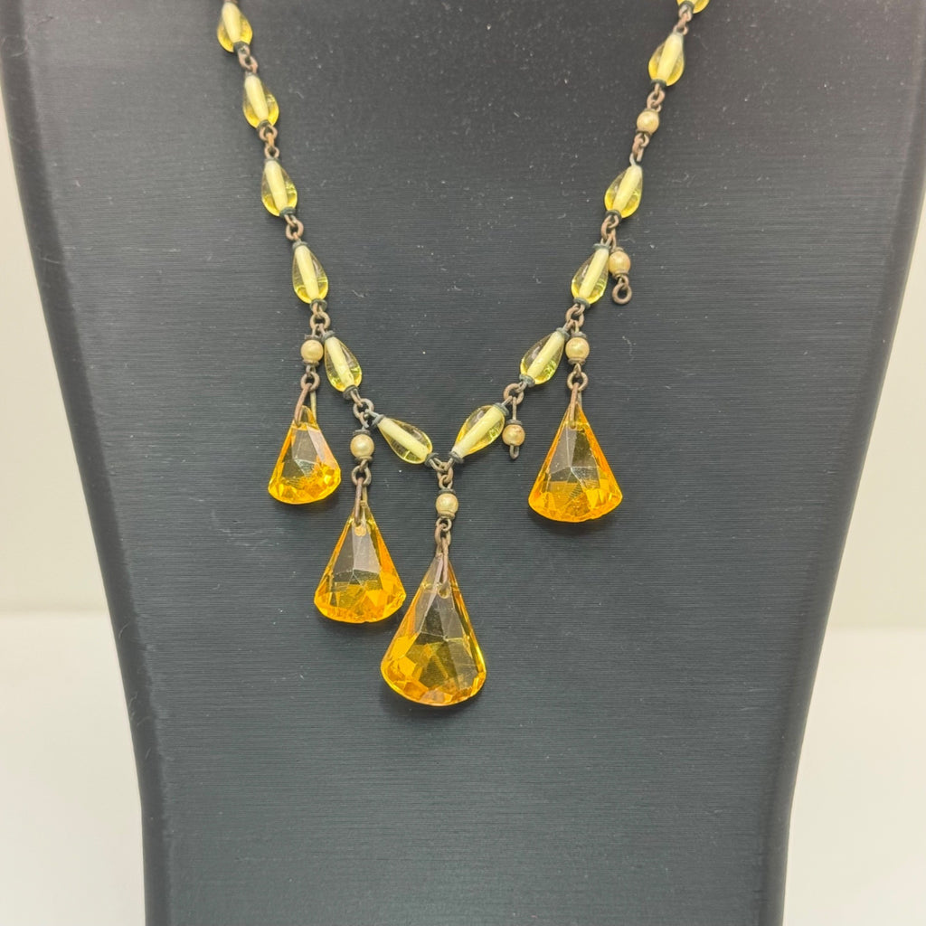 Vintage Czech Amber Glass Drop Pendant Necklace Yellow Beaded UV GLOWS 16" READ