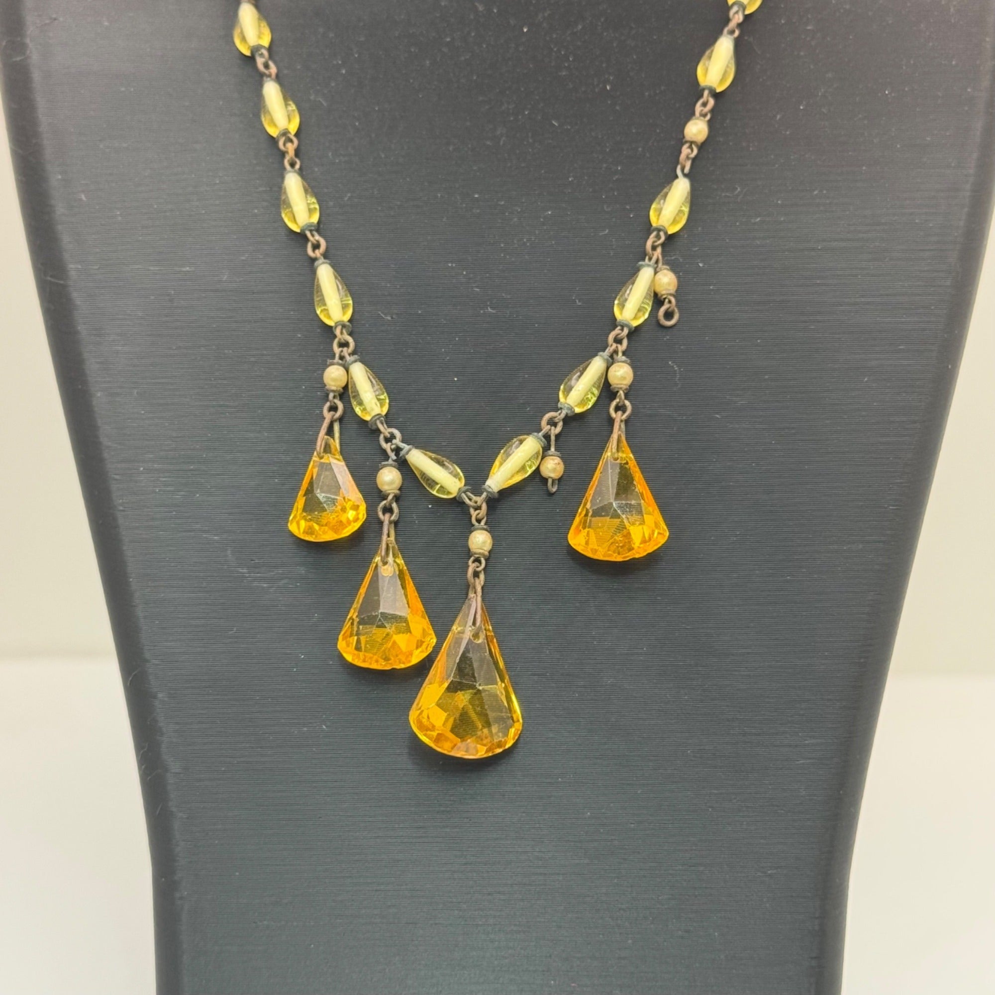 Vintage Czech Amber Glass Drop Pendant Necklace Yellow Beaded UV GLOWS 16" READ