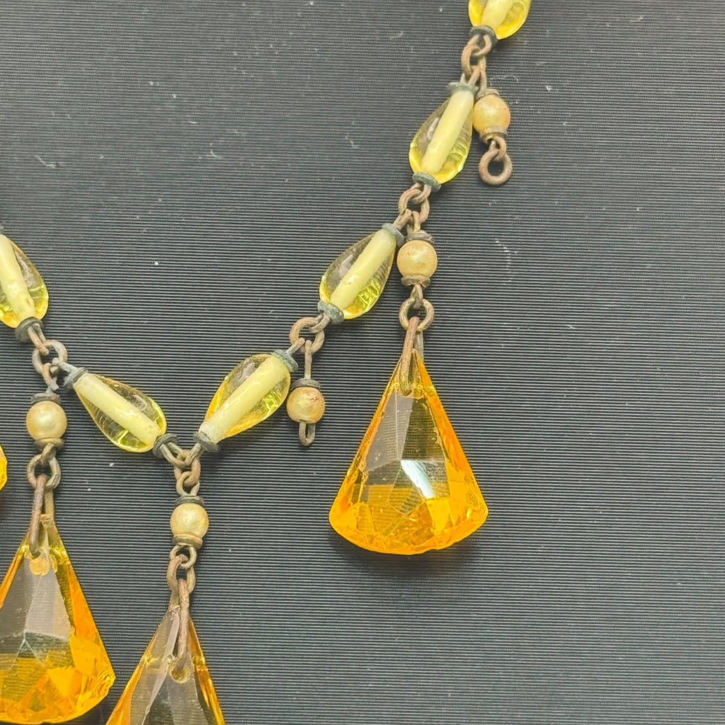Vintage Czech Amber Glass Drop Pendant Necklace Yellow Beaded UV GLOWS 16" READ
