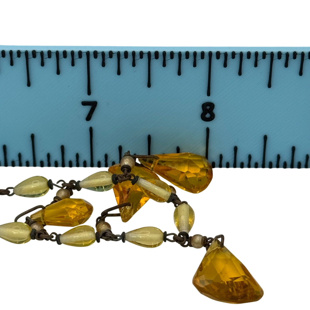 Vintage Czech Amber Glass Drop Pendant Necklace Yellow Beaded UV GLOWS 16" READ