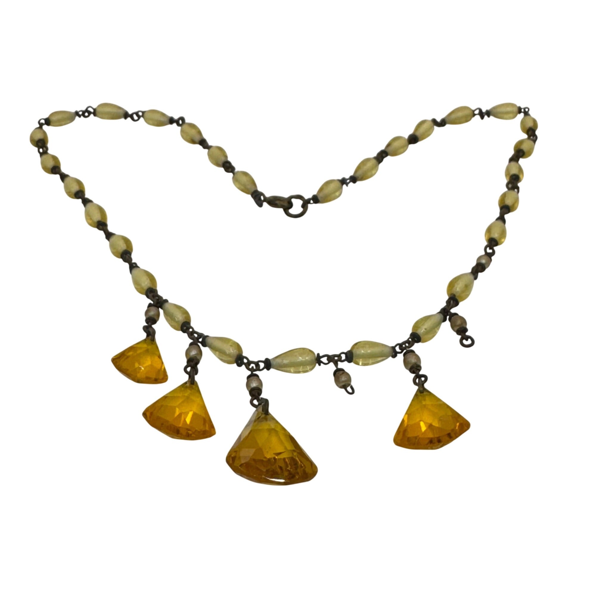 Vintage Czech Amber Glass Drop Pendant Necklace Yellow Beaded UV GLOWS 16" READ