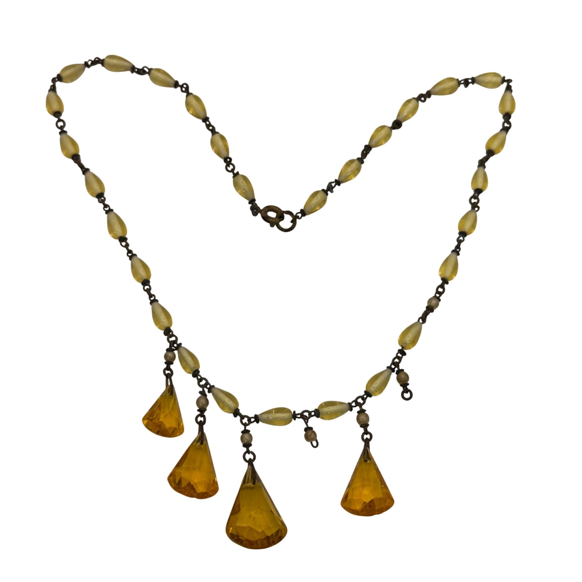 Vintage Czech Amber Glass Drop Pendant Necklace Yellow Beaded UV GLOWS 16" READ