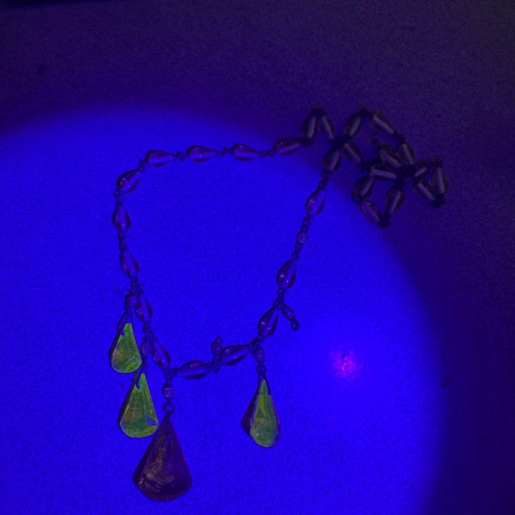 Vintage Czech Amber Glass Drop Pendant Necklace Yellow Beaded UV GLOWS 16" READ