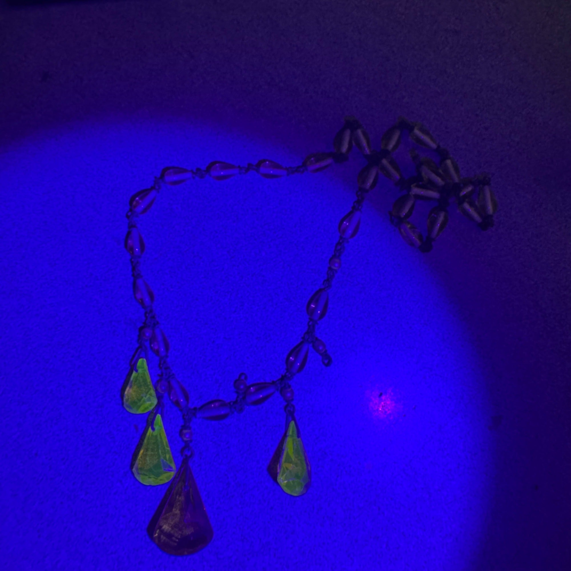 Vintage Czech Amber Glass Drop Pendant Necklace Yellow Beaded UV GLOWS 16" READ