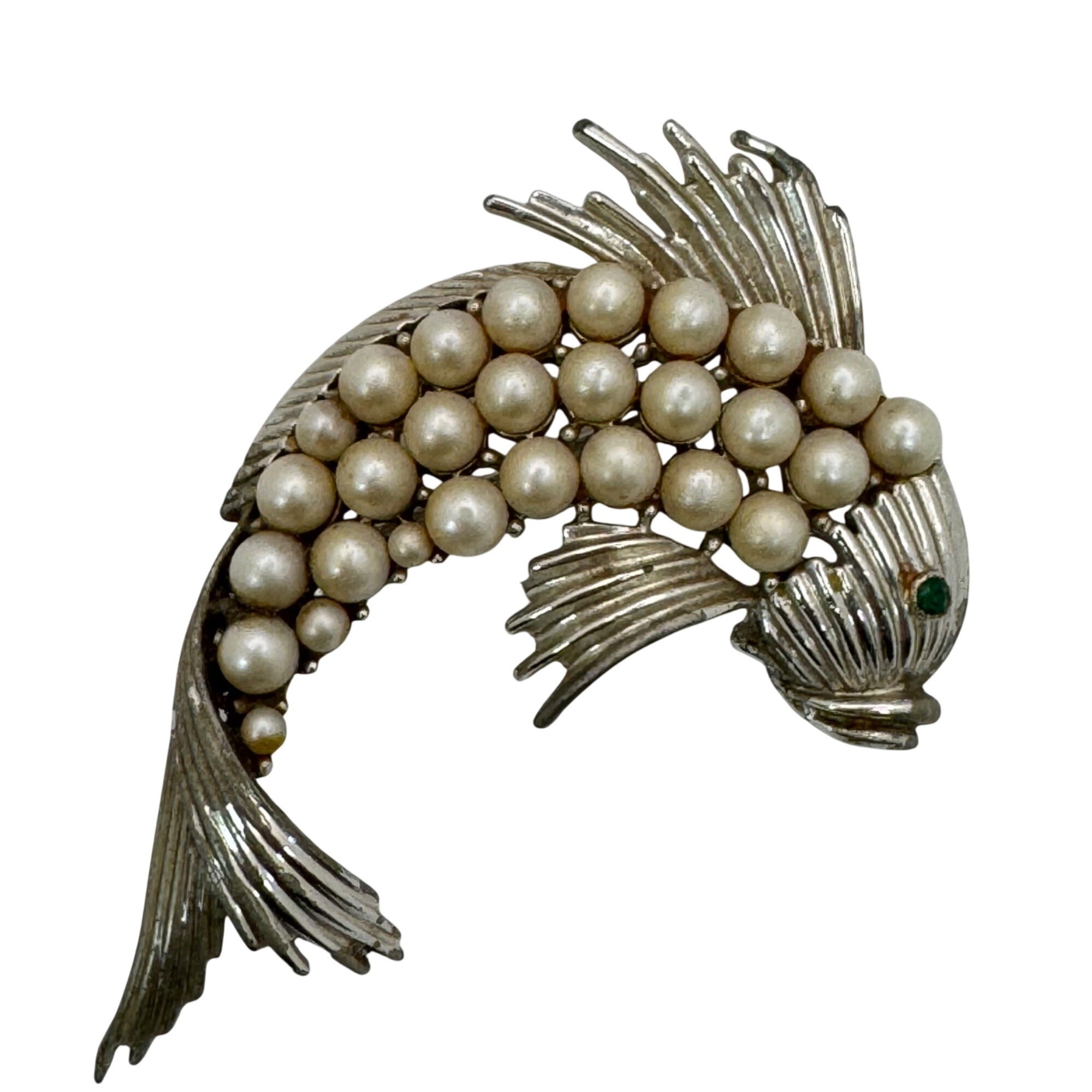 Vintage Coro Fish Brooch Faux Pearls Emerald Green Rhinestone Eye Signed 2"