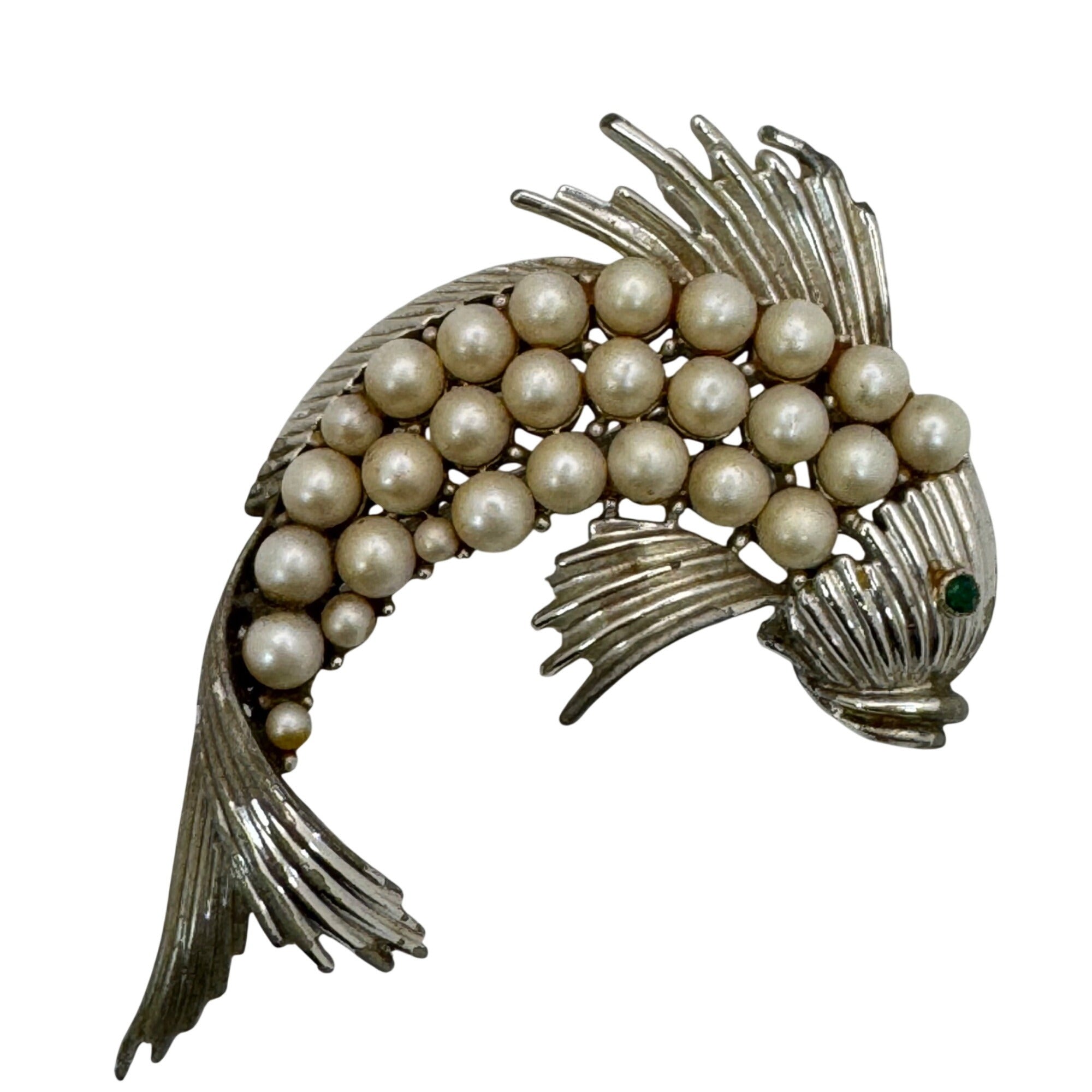 Vintage Coro Fish Brooch Faux Pearls Emerald Green Rhinestone Eye Signed 2"