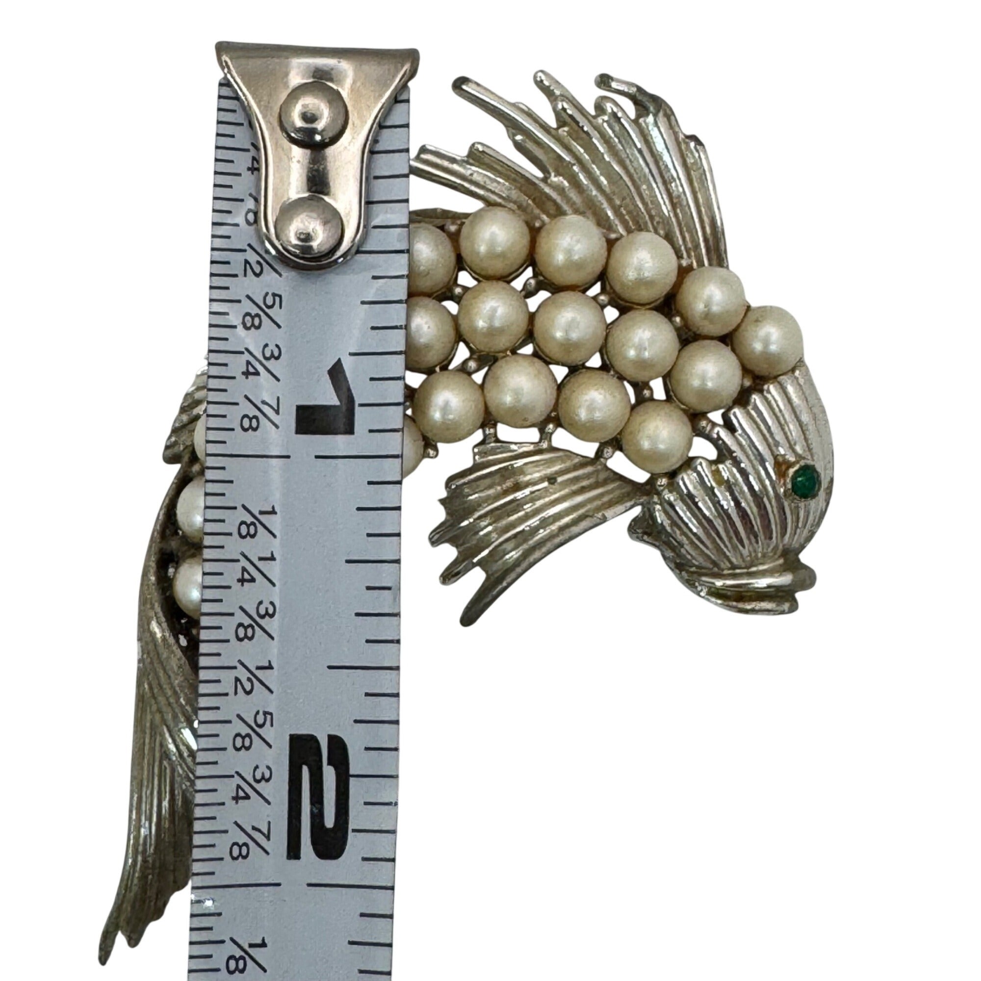 Vintage Coro Fish Brooch Faux Pearls Emerald Green Rhinestone Eye Signed 2"