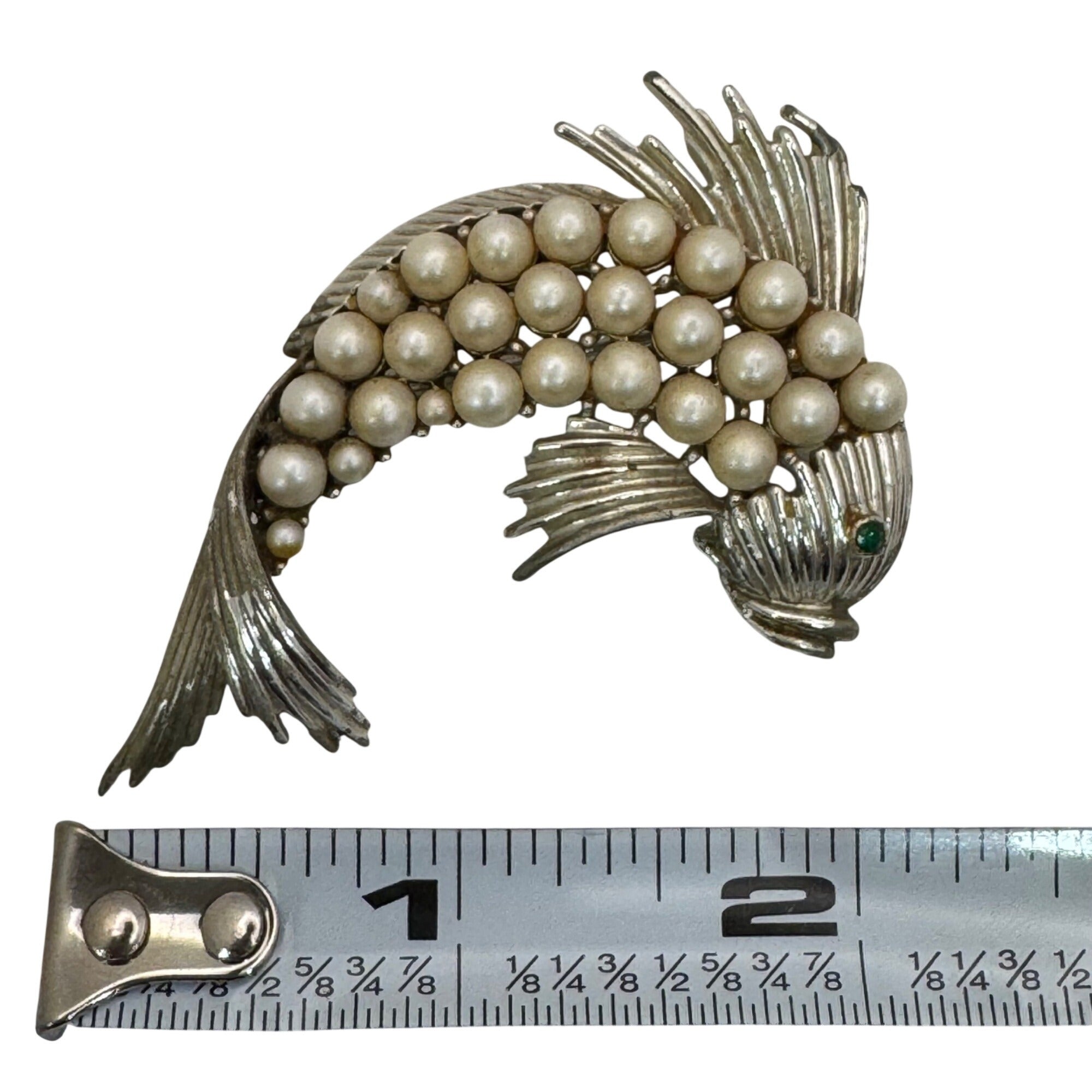 Vintage Coro Fish Brooch Faux Pearls Emerald Green Rhinestone Eye Signed 2"
