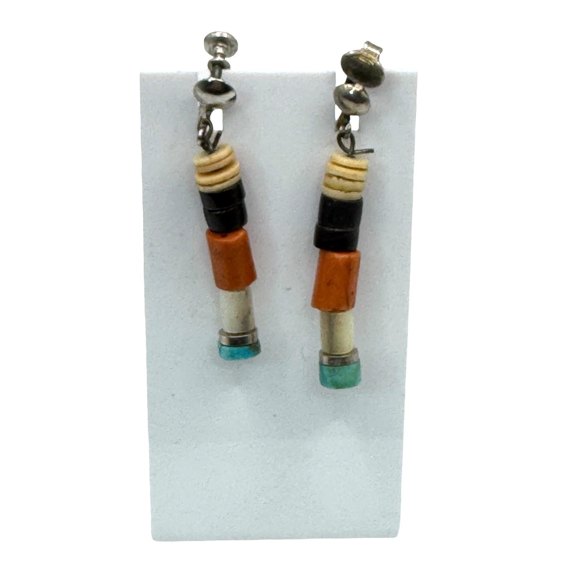 Sterling Silver Native Heishi Bead Screw-Back Clip On Earrings Coral Turquoise