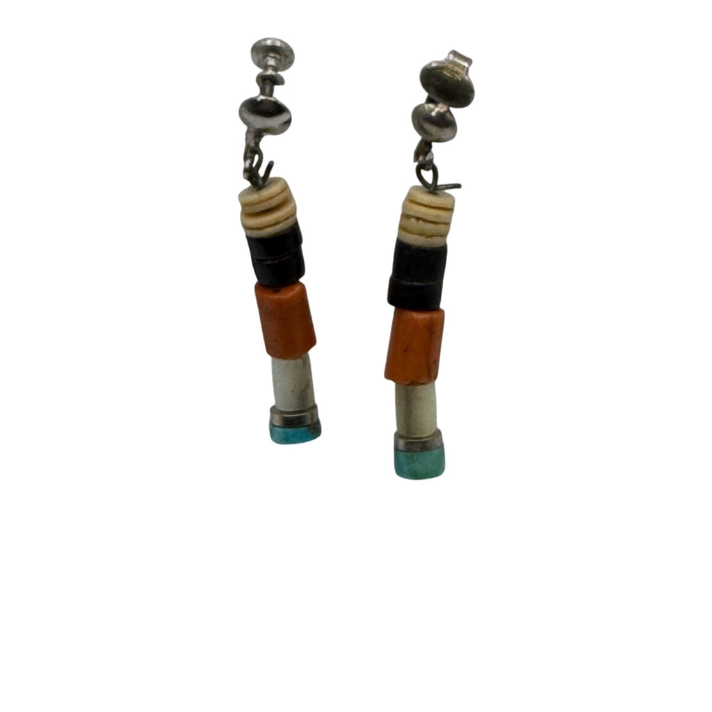Sterling Silver Native Heishi Bead Screw-Back Clip On Earrings Coral Turquoise