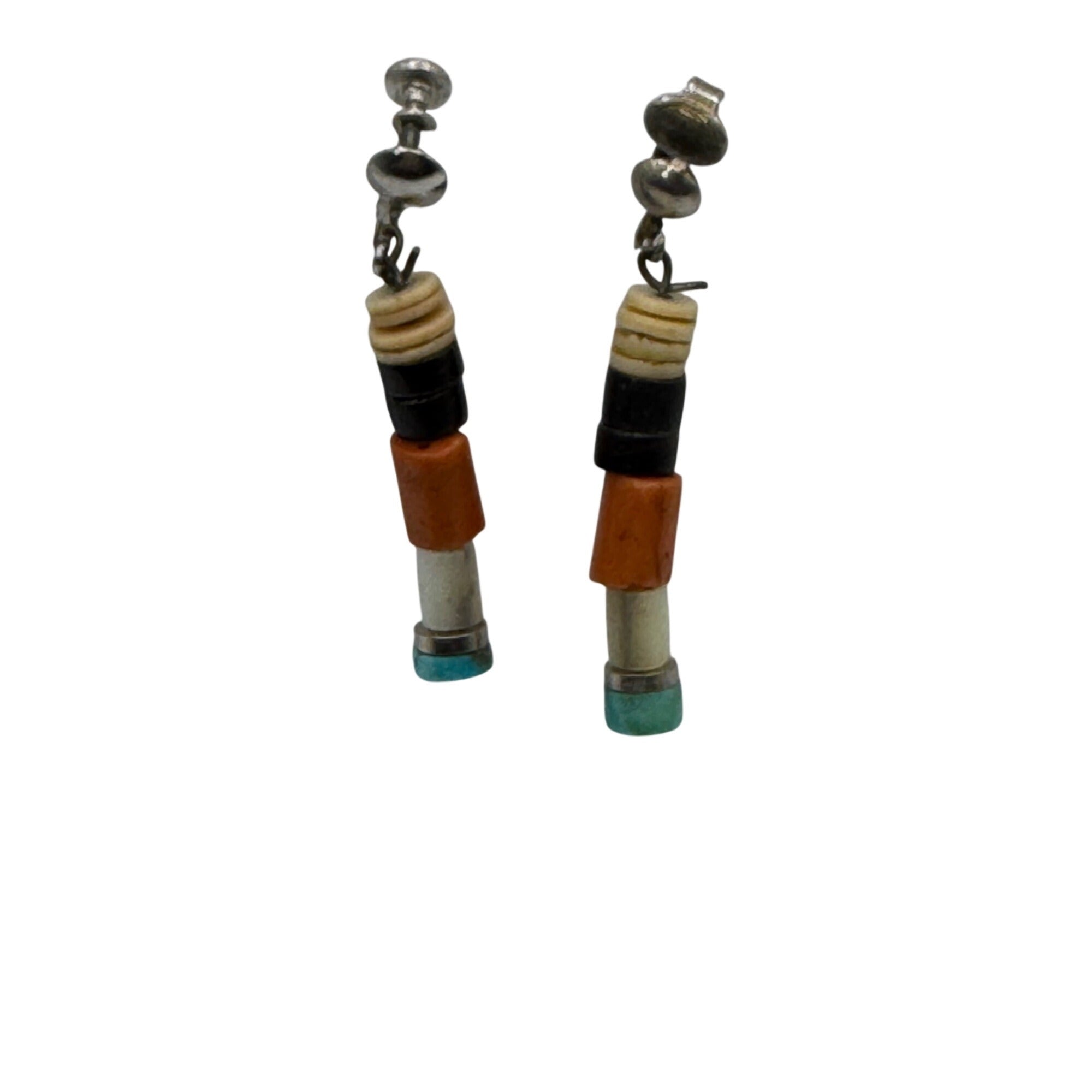 Sterling Silver Native Heishi Bead Screw-Back Clip On Earrings Coral Turquoise