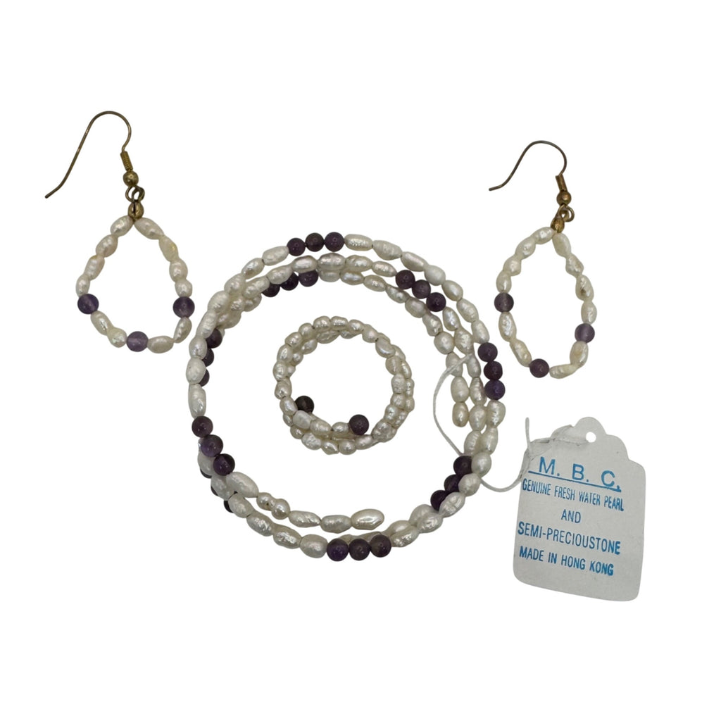 Freshwater Pearl & Amethyst Jewelry Set Earrings Bracelet Ring M.B.C Hong Kong
