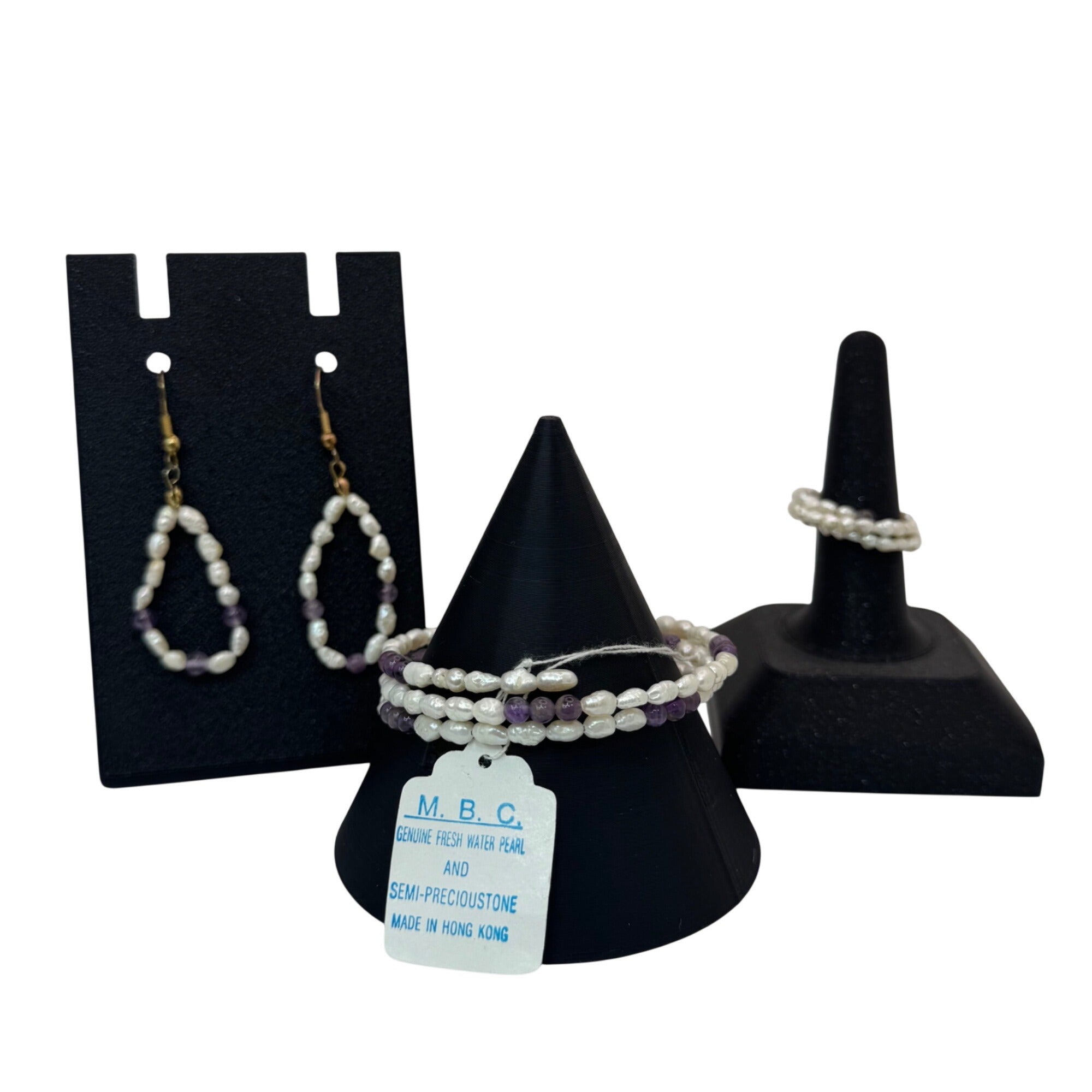 Freshwater Pearl & Amethyst Jewelry Set Earrings Bracelet Ring M.B.C Hong Kong