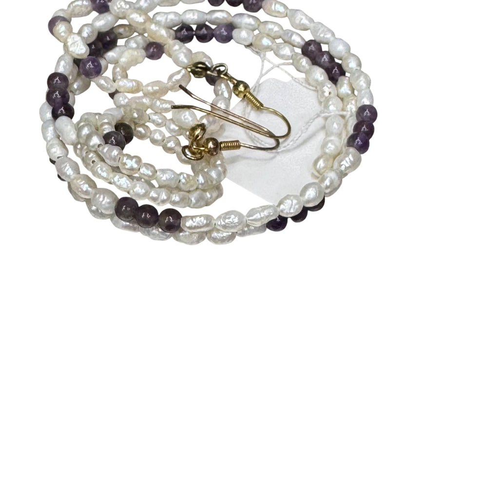 Freshwater Pearl & Amethyst Jewelry Set Earrings Bracelet Ring M.B.C Hong Kong