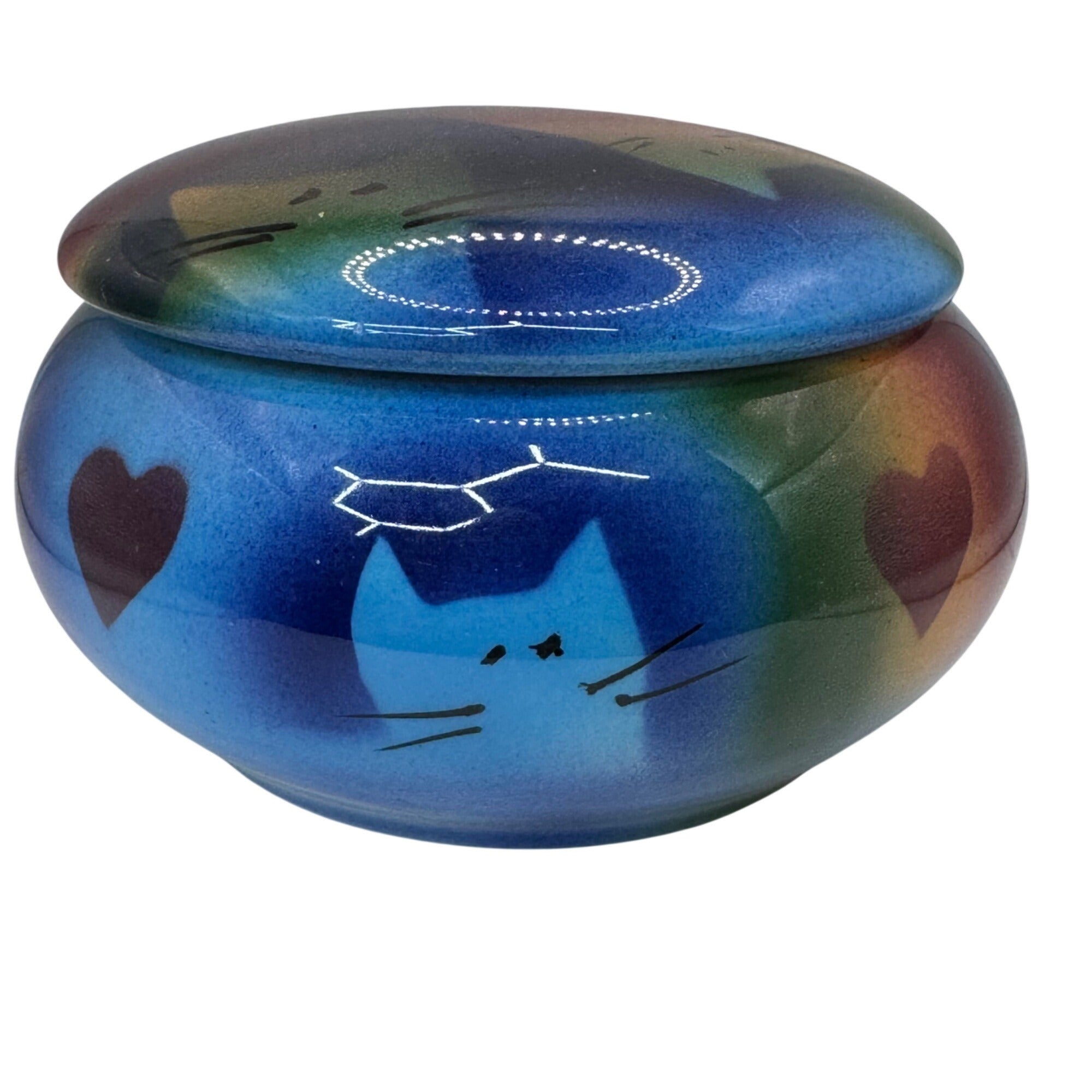 Vintage Judith Stiles Ceramic Jar Trinket Box w Lid Cat & Heart Design 4" Casket