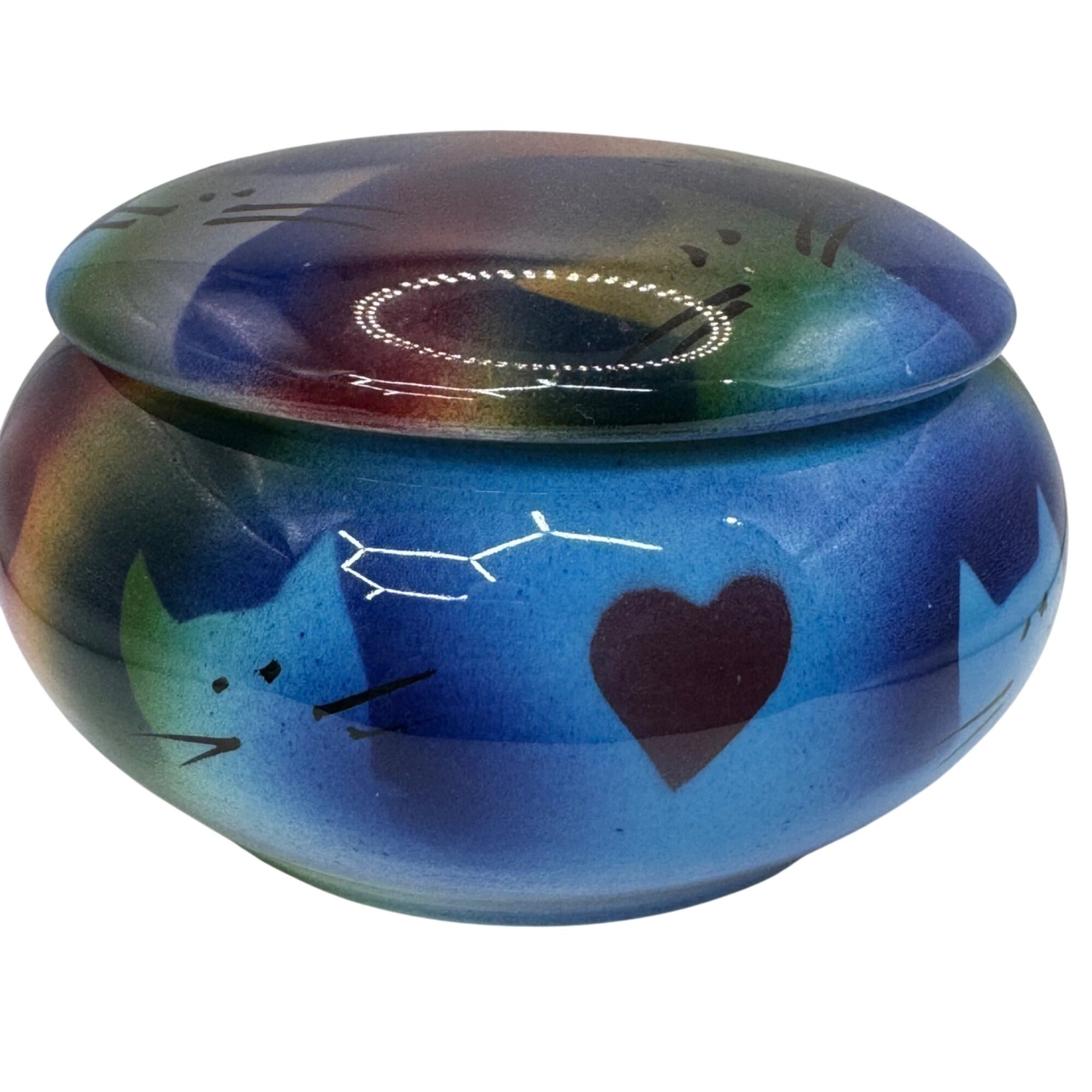 Vintage Judith Stiles Ceramic Jar Trinket Box w Lid Cat & Heart Design 4" Casket