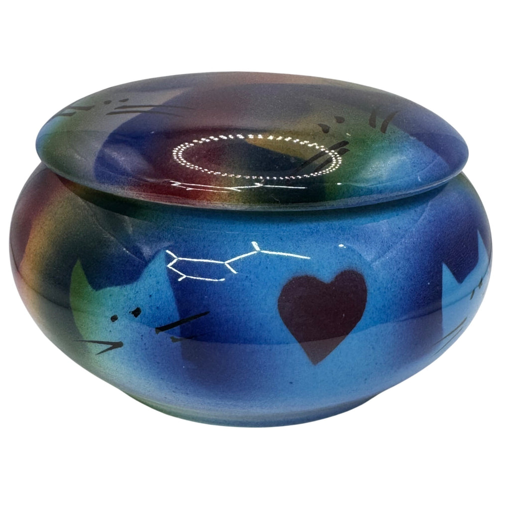 Vintage Judith Stiles Ceramic Jar Trinket Box w Lid Cat & Heart Design 4" Casket
