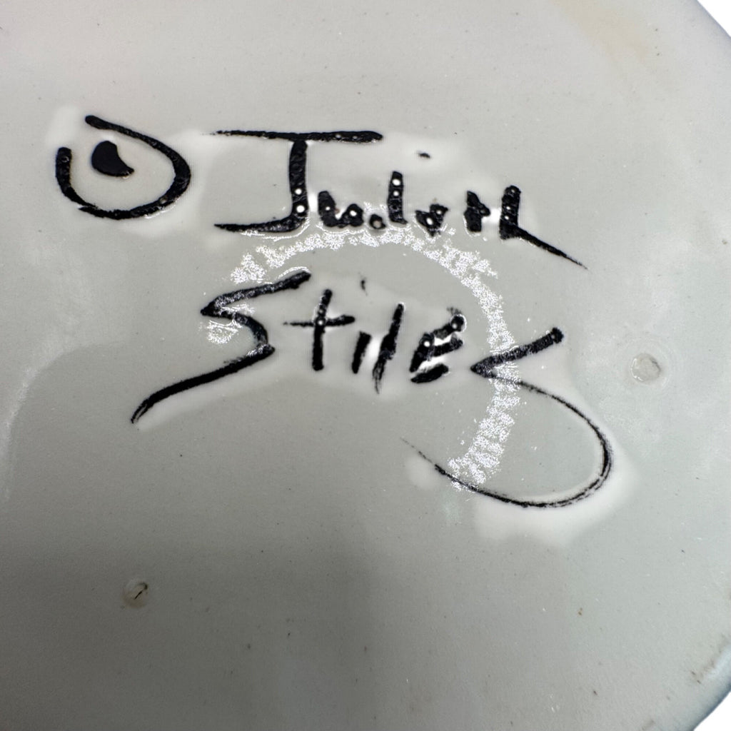 Vintage Judith Stiles Ceramic Jar Trinket Box w Lid Cat & Heart Design 4" Casket