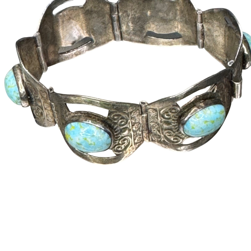 Blue Cabochon Glass 7" Bracelet Vintage Mexico Estate Alpaca Silver Turquoise
