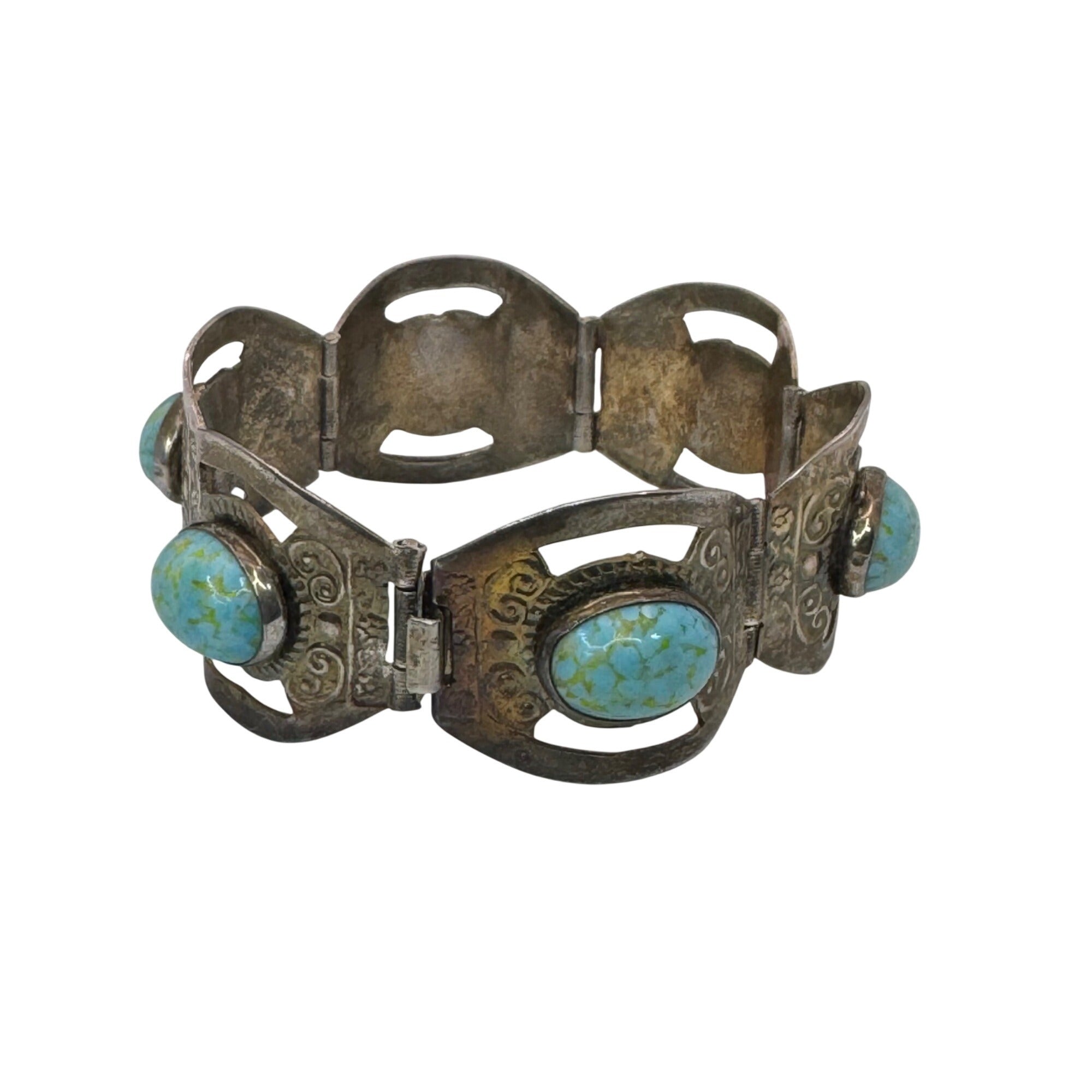 Blue Cabochon Glass 7" Bracelet Vintage Mexico Estate Alpaca Silver Turquoise