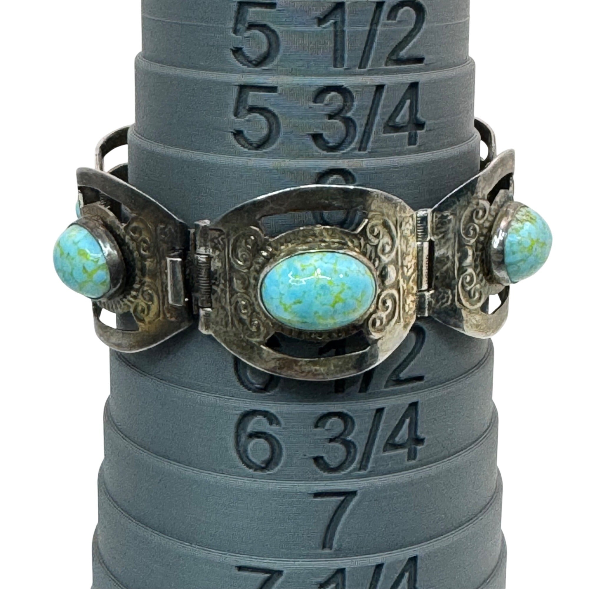 Blue Cabochon Glass 7" Bracelet Vintage Mexico Estate Alpaca Silver Turquoise