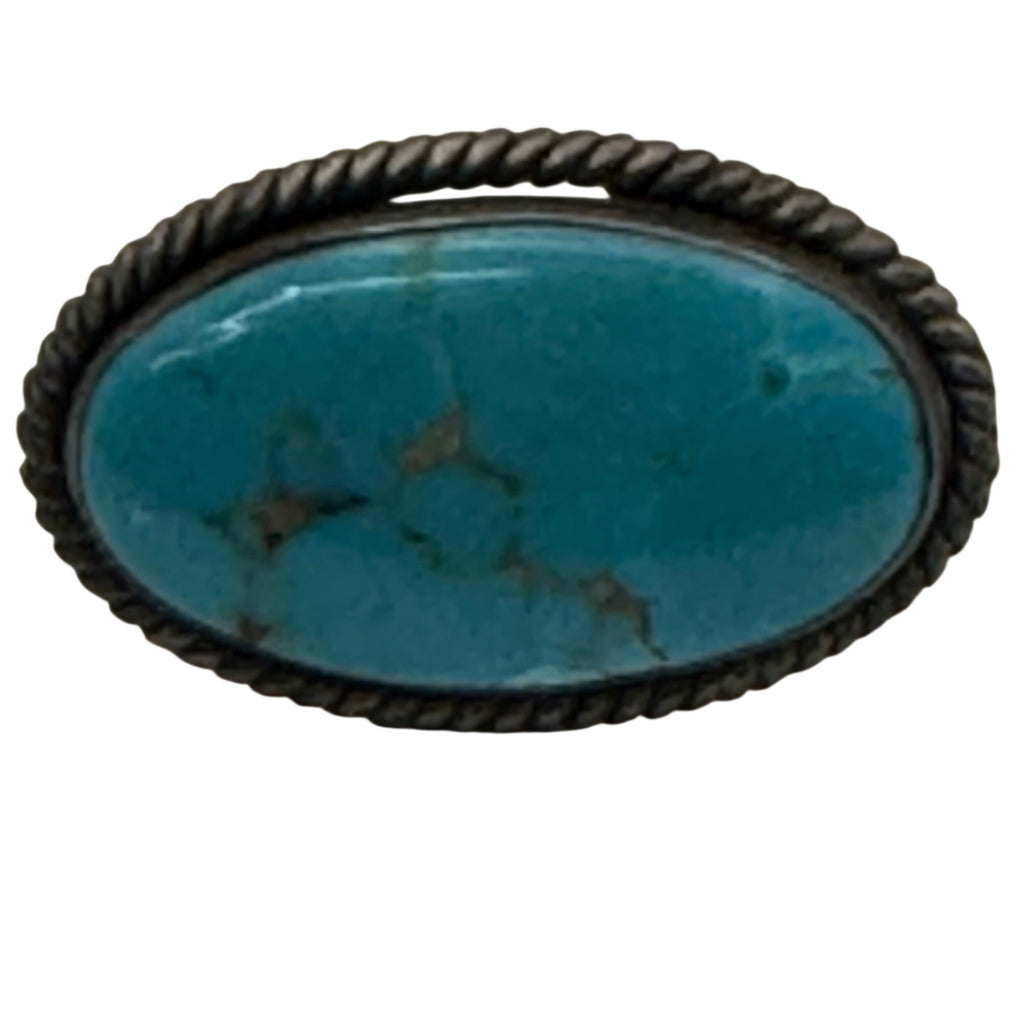 Vintage Navajo Sterling Silver & Turquoise Oval Brooch Pin Rope Border 1.25"