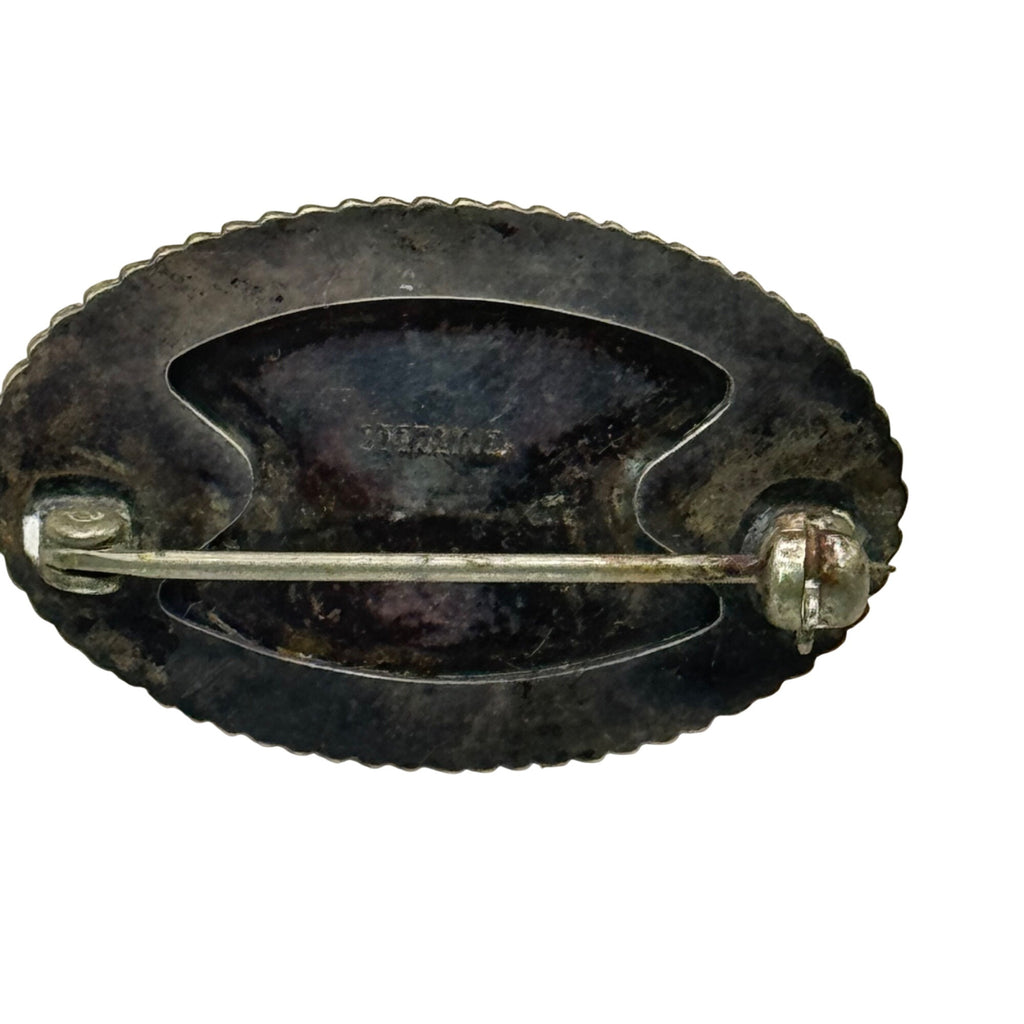 Vintage Navajo Sterling Silver & Turquoise Oval Brooch Pin Rope Border 1.25"