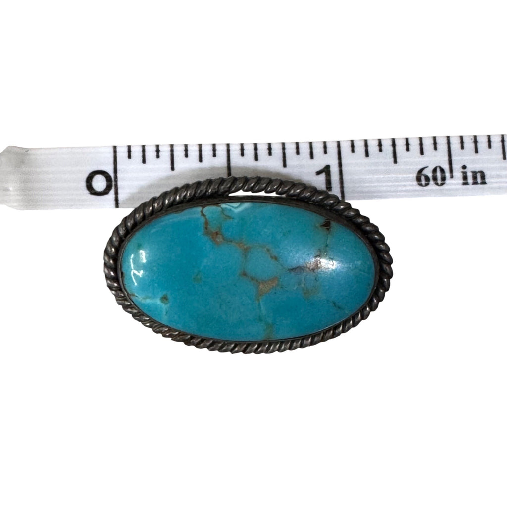Vintage Navajo Sterling Silver & Turquoise Oval Brooch Pin Rope Border 1.25"