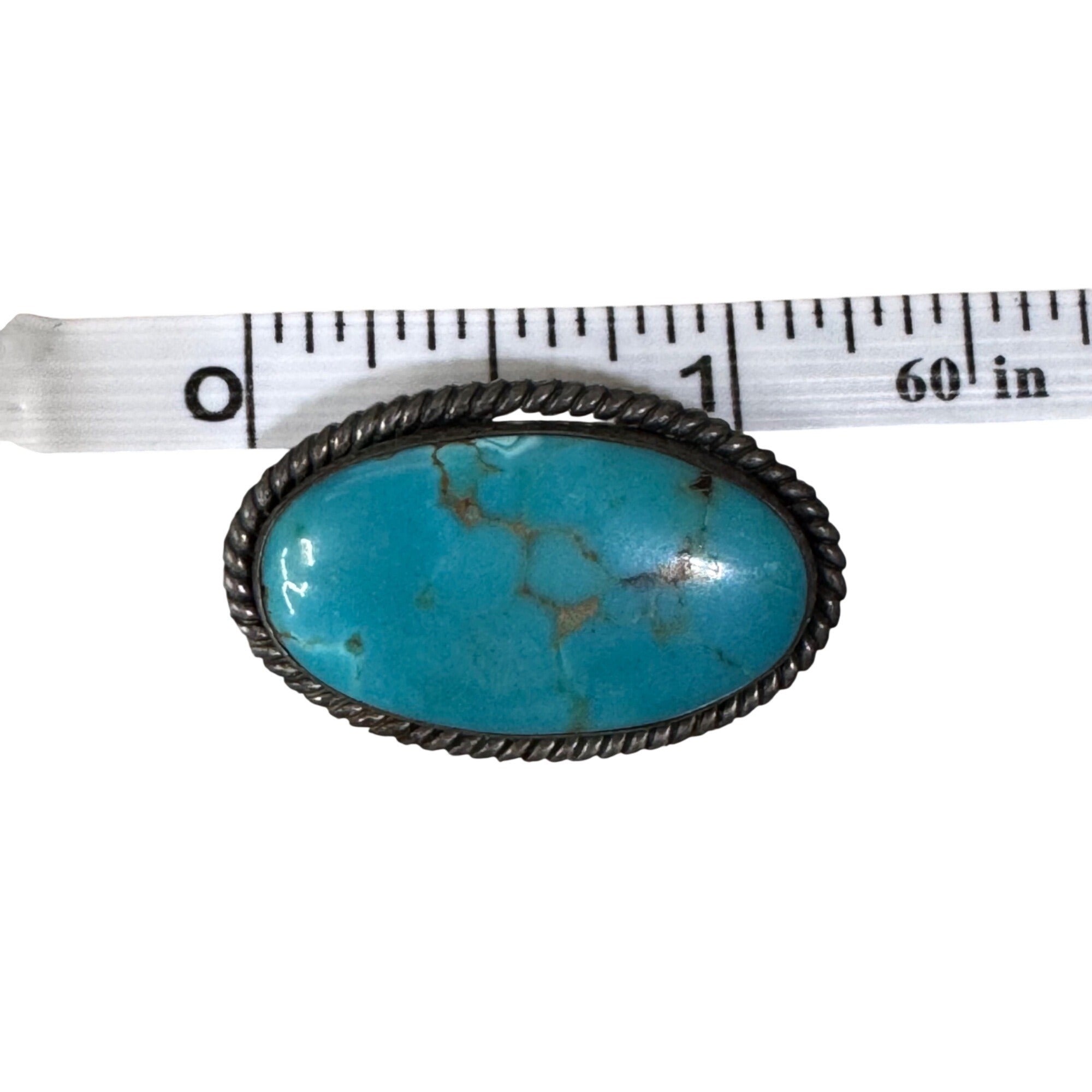 Vintage Navajo Sterling Silver & Turquoise Oval Brooch Pin Rope Border 1.25"