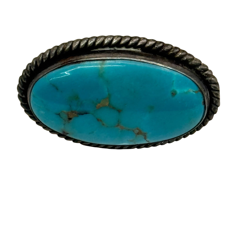 Vintage Navajo Sterling Silver & Turquoise Oval Brooch Pin Rope Border 1.25"
