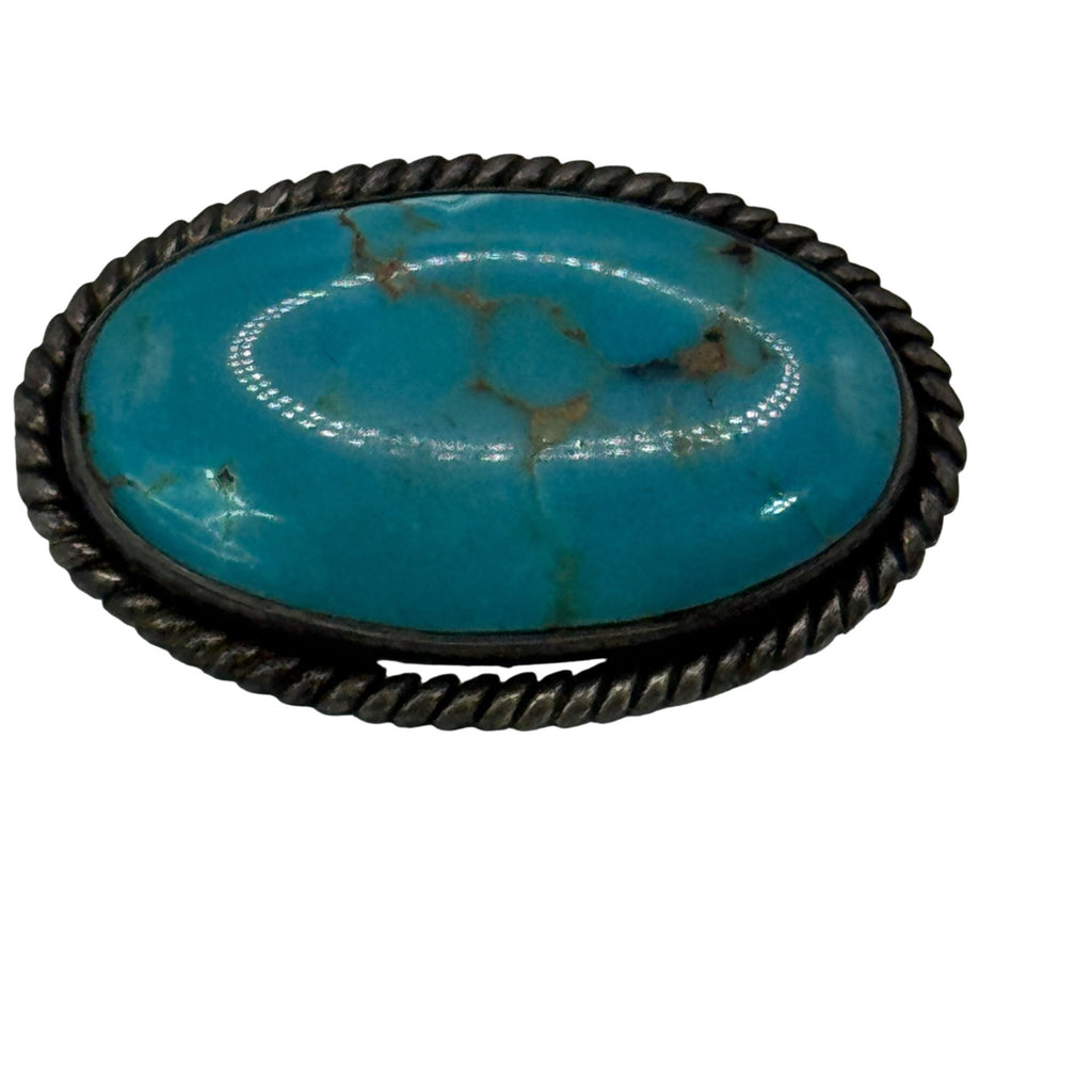 Vintage Navajo Sterling Silver & Turquoise Oval Brooch Pin Rope Border 1.25"