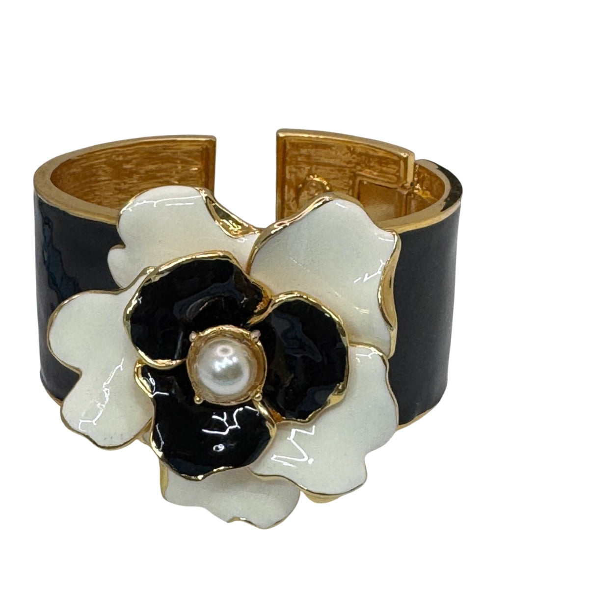 Kenneth Jay Lane Camellia Bracelet Clamper Bangle Hinged Black White Enamel Cuff