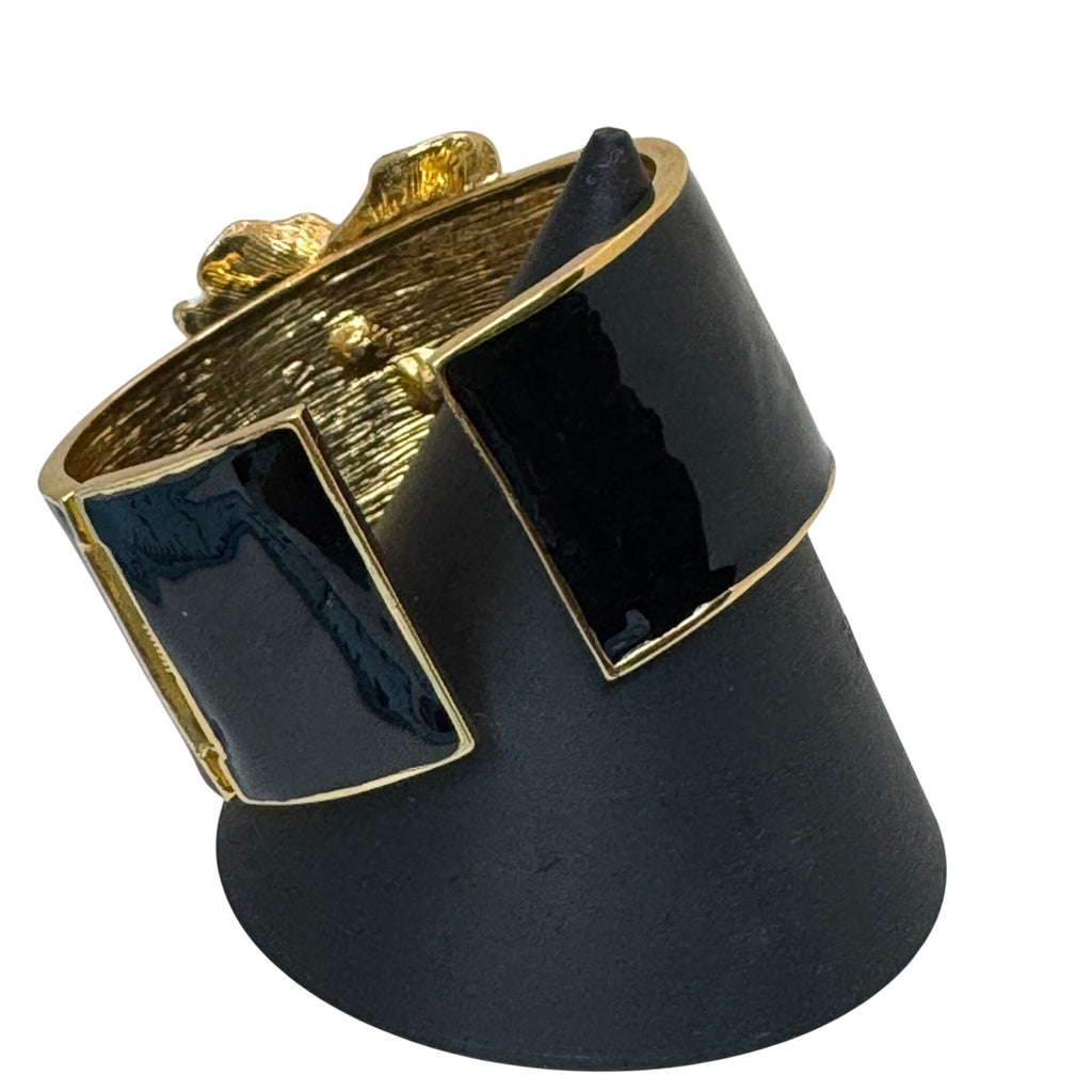 Kenneth Jay Lane Camellia Bracelet Clamper Bangle Hinged Black White Enamel Cuff
