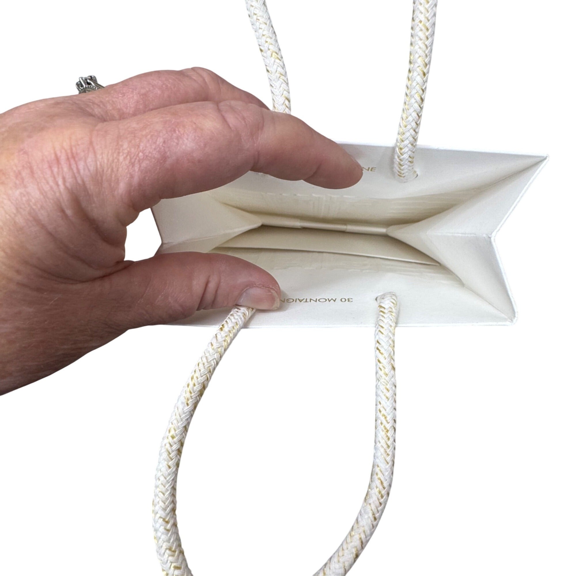Christian Dior Gold Logo Embossed White Boutique Gift Bag Rope Handles 5.25” X 6