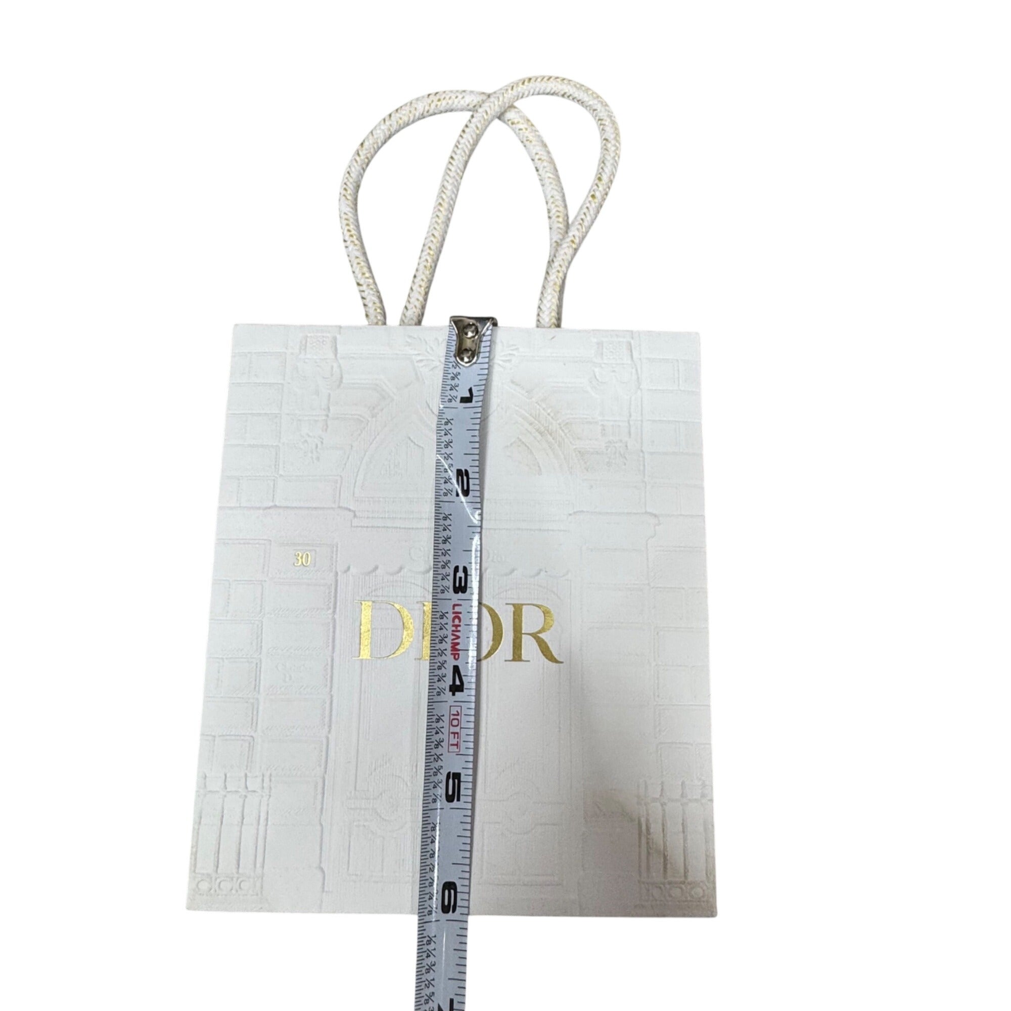 Christian Dior Gold Logo Embossed White Boutique Gift Bag Rope Handles 5.25” X 6