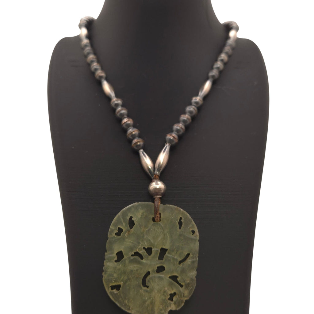 Vintage Jade Pendant Necklace Carved Green Pendant Sterling Beads 20" Chinese
