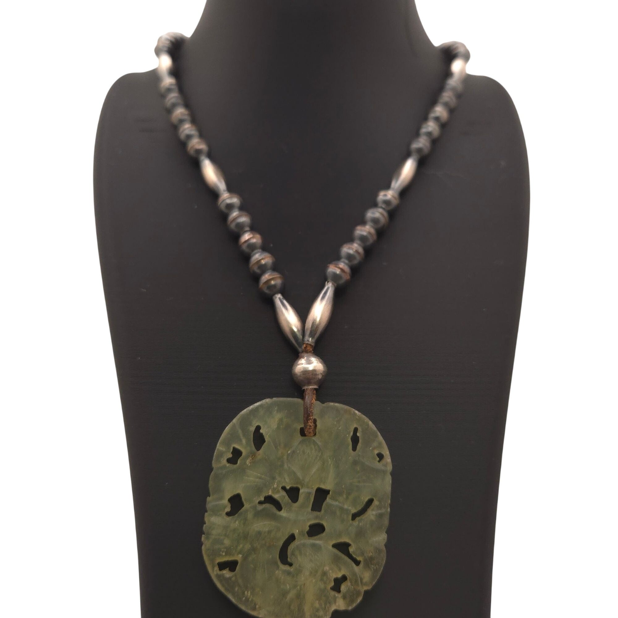 Vintage Jade Pendant Necklace Carved Green Pendant Sterling Beads 20" Chinese