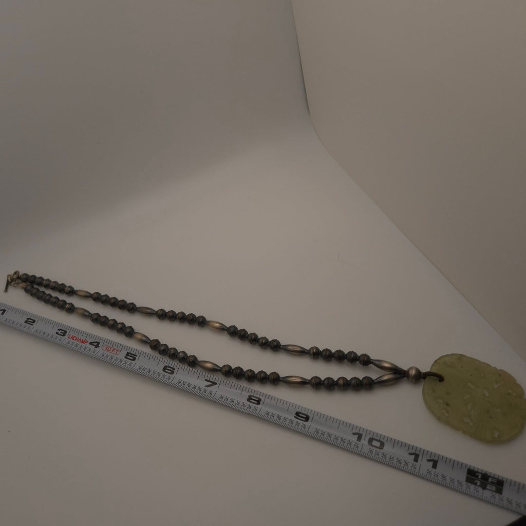Vintage Jade Pendant Necklace Carved Green Pendant Sterling Beads 20" Chinese