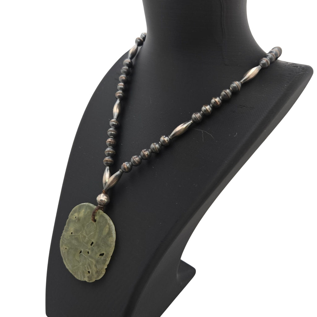 Vintage Jade Pendant Necklace Carved Green Pendant Sterling Beads 20" Chinese