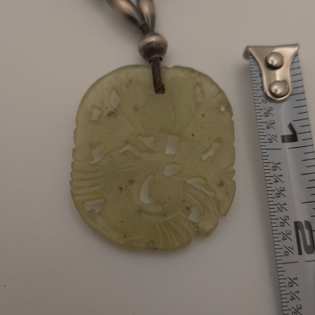 Vintage Jade Pendant Necklace Carved Green Pendant Sterling Beads 20" Chinese