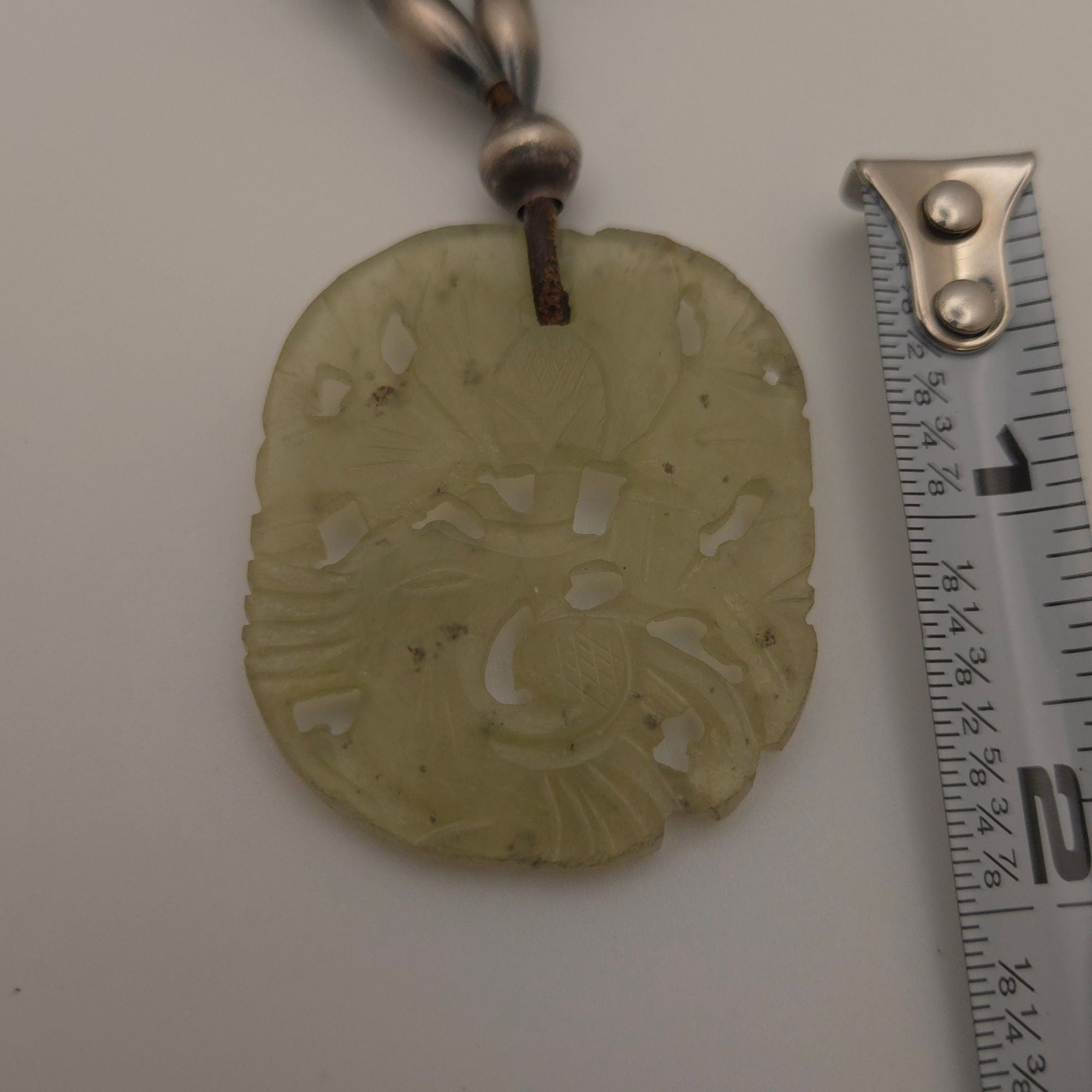 Vintage Jade Pendant Necklace Carved Green Pendant Sterling Beads 20" Chinese