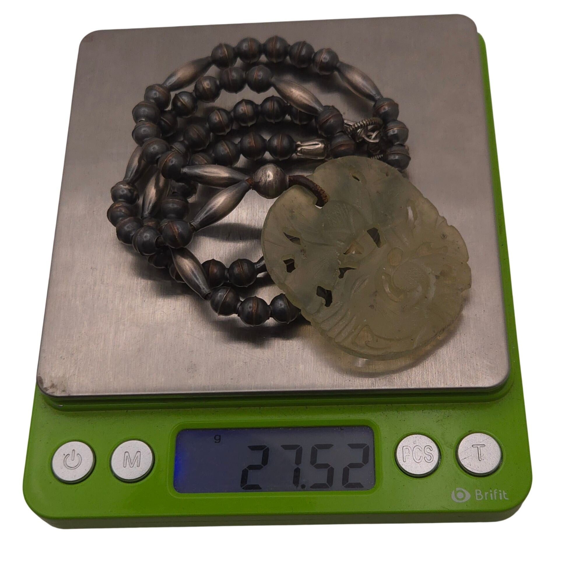 Vintage Jade Pendant Necklace Carved Green Pendant Sterling Beads 20" Chinese