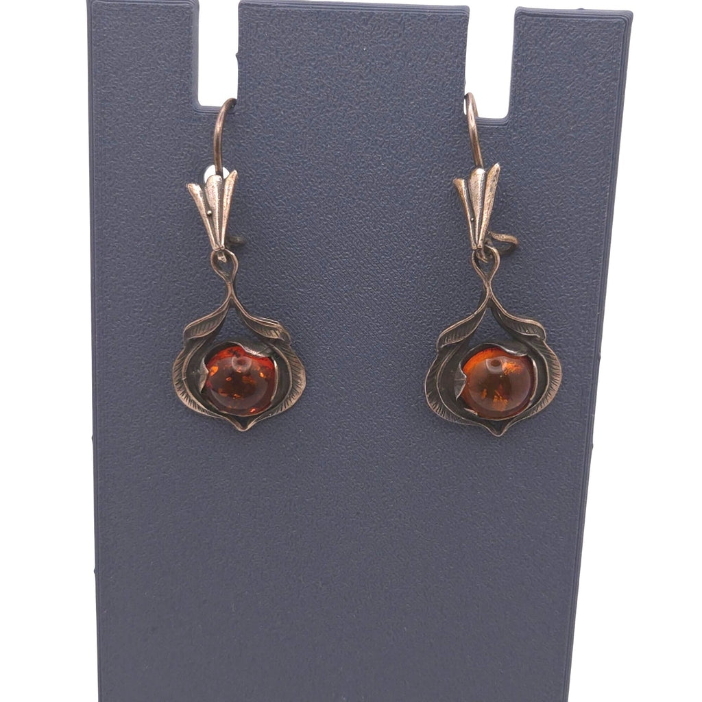 Vintage Sterling Silver & Amber Drop Earrings Floral Feathers Dangle 925 Signed