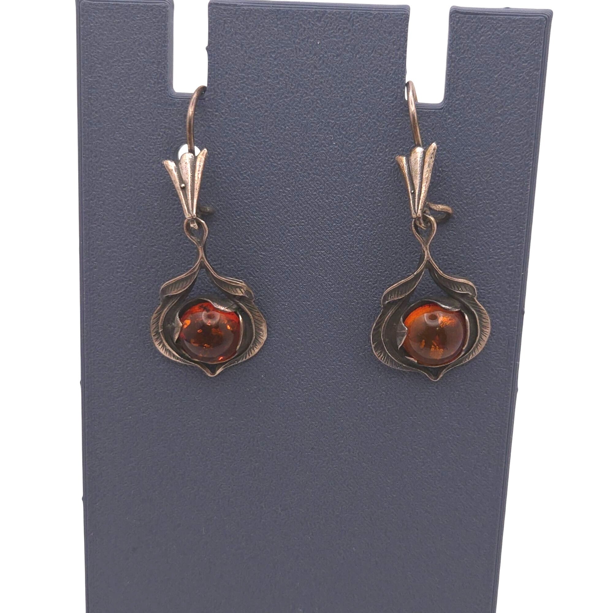 Vintage Sterling Silver & Amber Drop Earrings Floral Feathers Dangle 925 Signed
