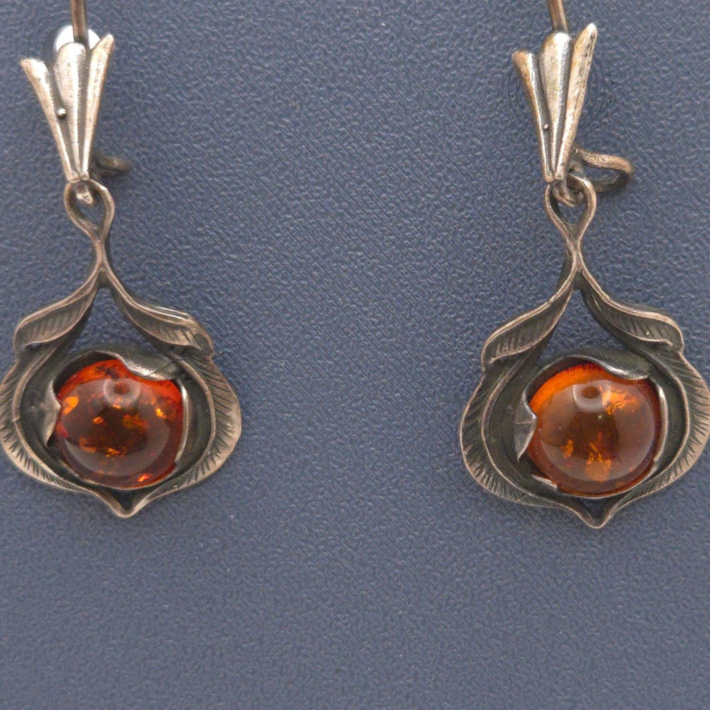 Vintage Sterling Silver & Amber Drop Earrings Floral Feathers Dangle 925 Signed